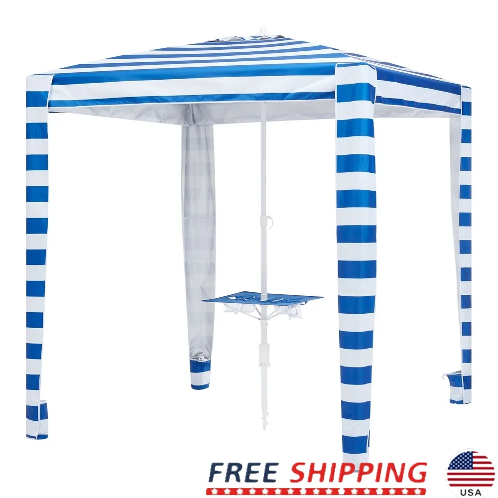

6ft Beach Umbrella with Blue White Stripe Sun Protection Media Slot Drink Holder Sand Anchor Stability Easy Setup