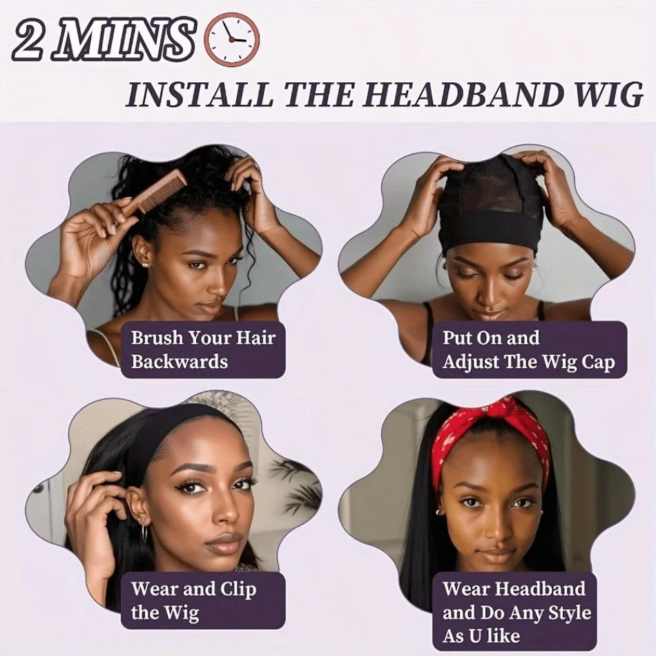 Headband Wig Human Hair Body Wave 16 Inch Glueless None Lace Front Wig Brazilian Virgin Hair Wear And Go Wigs For Women 200% Density Wigs Natural Black Color - view 8