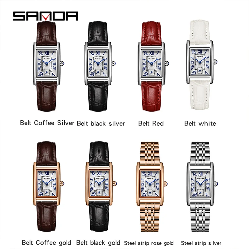 Sanda 1116 New Fashion 2024 Elegant Design Rectangle Dial Water Resistant Quartz Movement Business Women Analog Wrist Watch