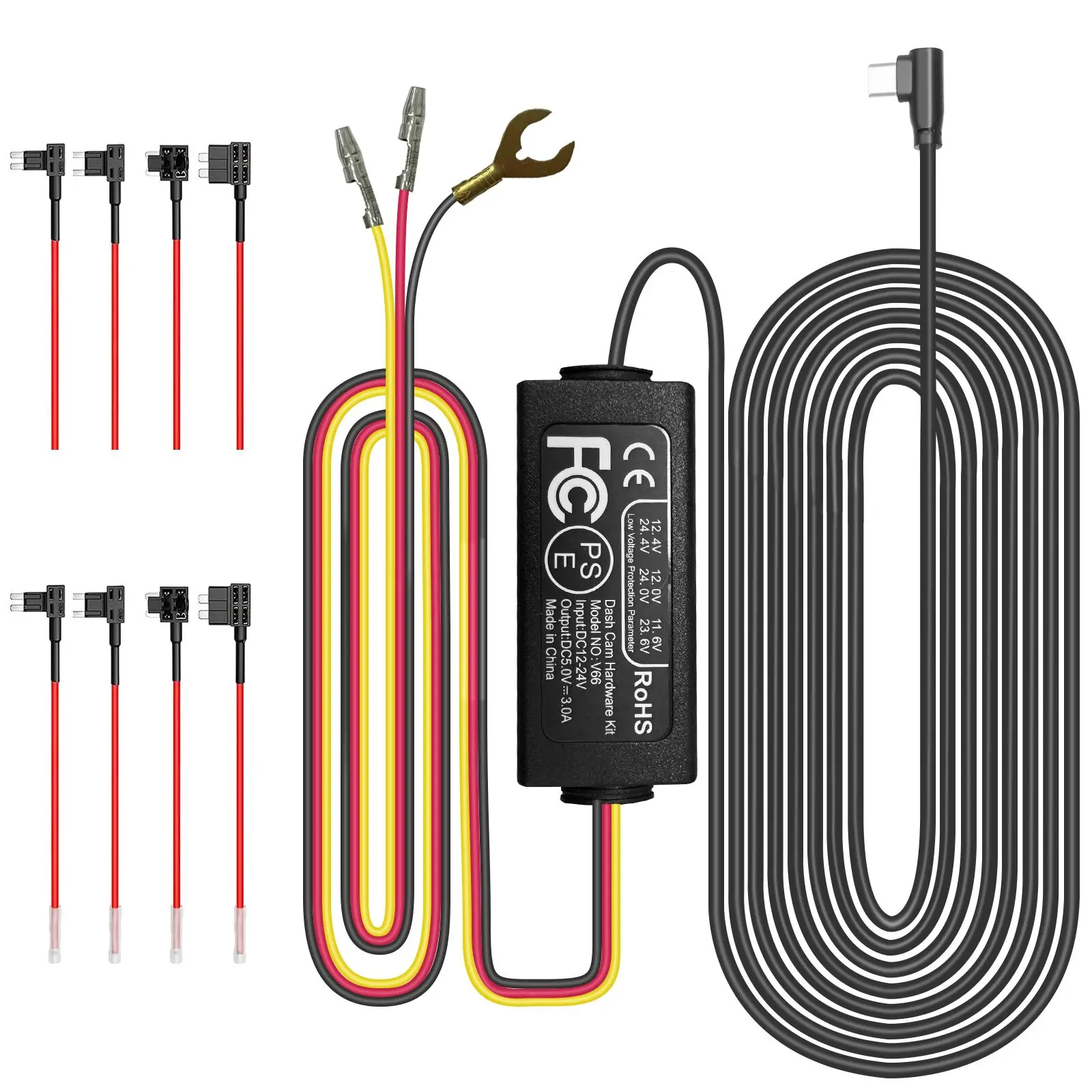 HUPEJOS 11.5FT Type-C Hardwire Kit, Compatible with the Entire HUPEJOS Dash Cam Series, 12–24V, 5V/2.5A, Low-Voltage Protection