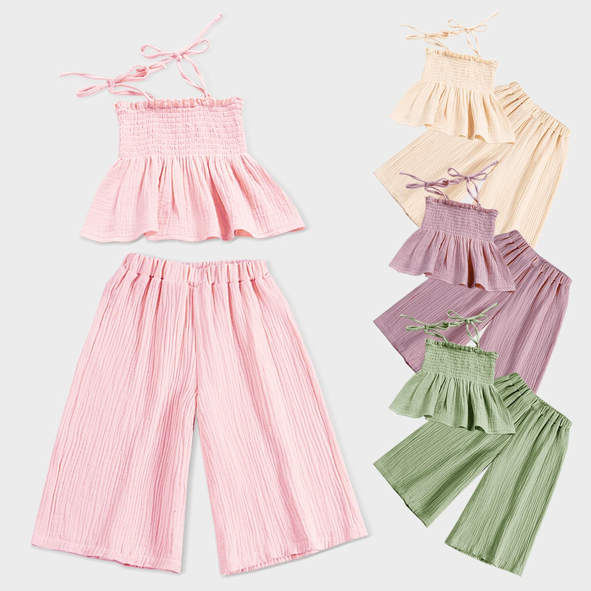 Robe d'été sans manches pour petite fille, couleur unie, avec bretelles, pantalon confortable et respirant, ensemble quotidien à la mode