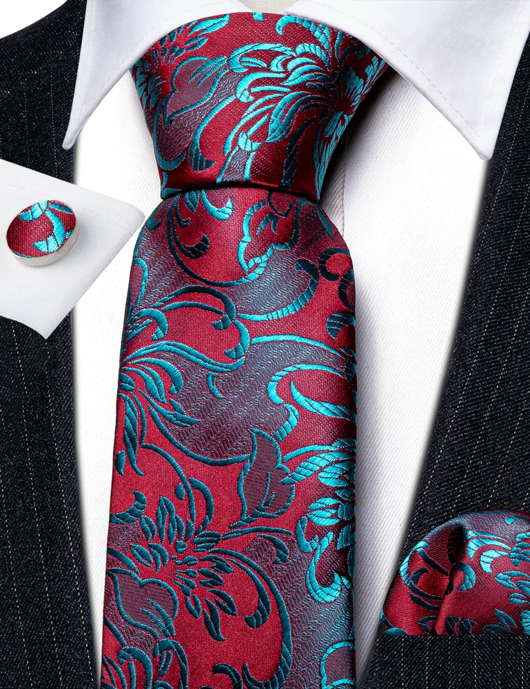 Fashion Silk Red Blue Teal Floral Men Tie Set Necktie Handkerchief Cufflinks Wedding Gift Barry. Wang Tie Pin Brooches A-6074