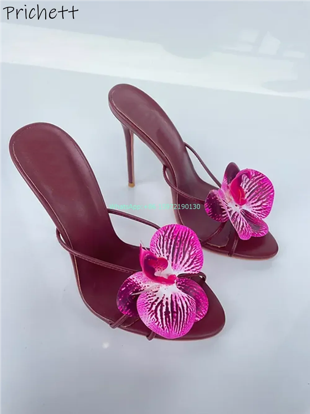 Orchid Round Toe Slippers High Heels Mixed Color Narrow Band Flower Outdoor Shoes Ladies Vocation Outdoor Luxury Stiletto Shoes