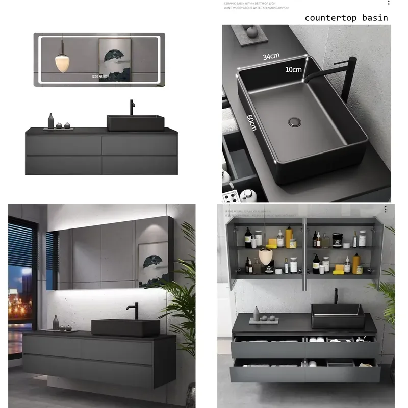 Matt Black Solid Surface Ceramic Basin Wall Hung Vanity Unit Top Pedestal Bathroom Cabinet for Modern Wall Hung Installation