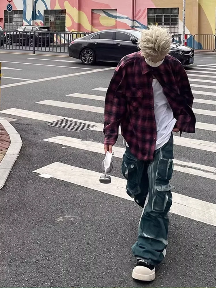 Retro Amerika adient Kotak-kotak Panjang Sve irt ex Musim Gugur Trendi Merek Pasangan Bersorak Irt Mantel Longgar Cocok Muda...