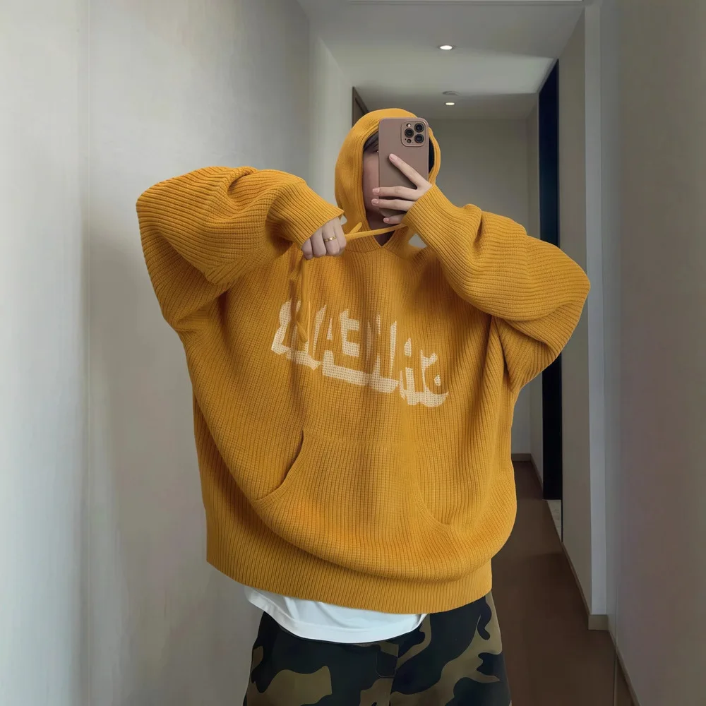 Unisex Knitting Hoodies 2025 Autumn Winter New Retro Lazy Sweater Hooded Heavyweight Soft Cozy Loose Drapey Men's Knit Outerwear
