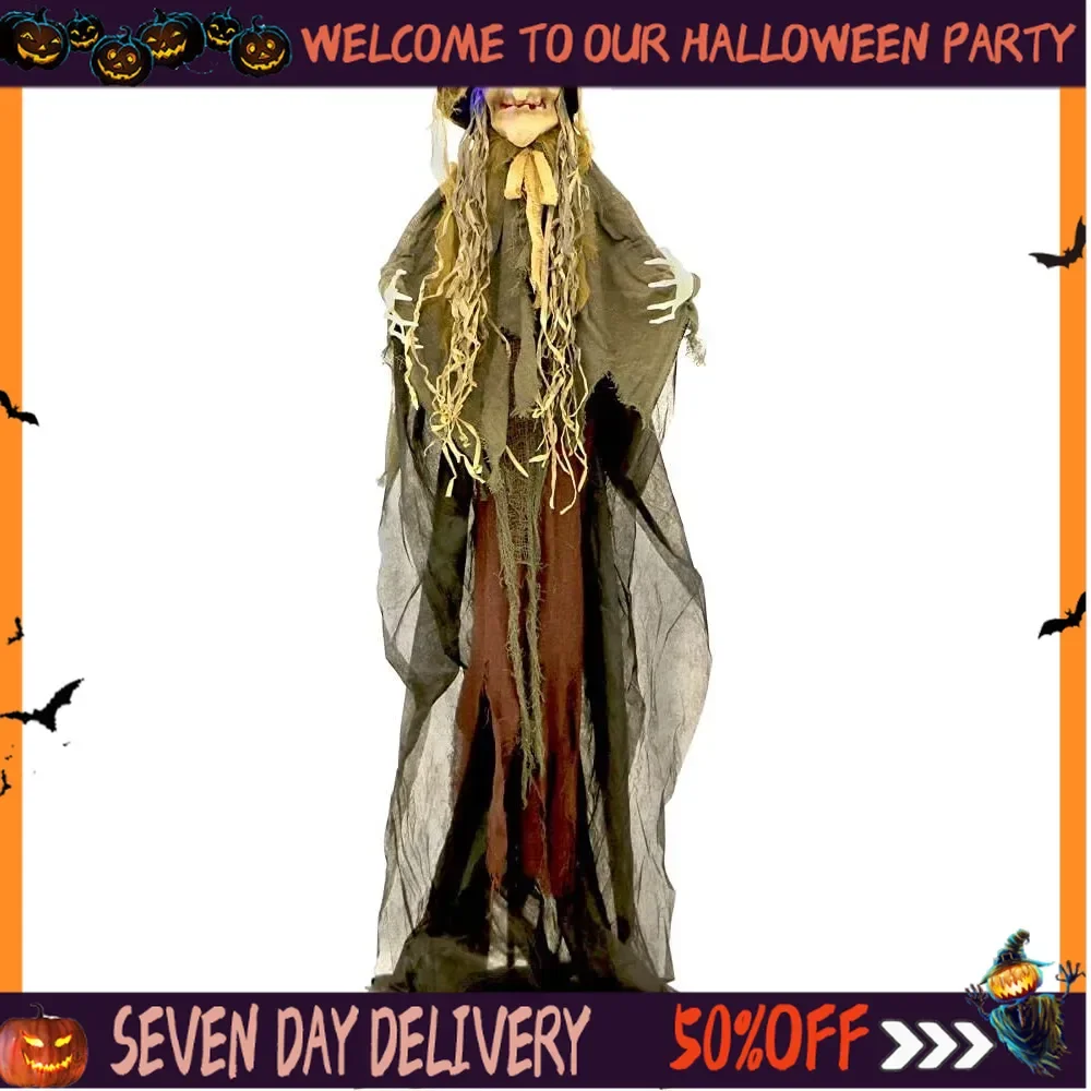 

Halloween Decoration Life-Size Scary Poseable Scarecrow Witch Prop with Touch Activated Lights and Sound Battery-Operated Indoor