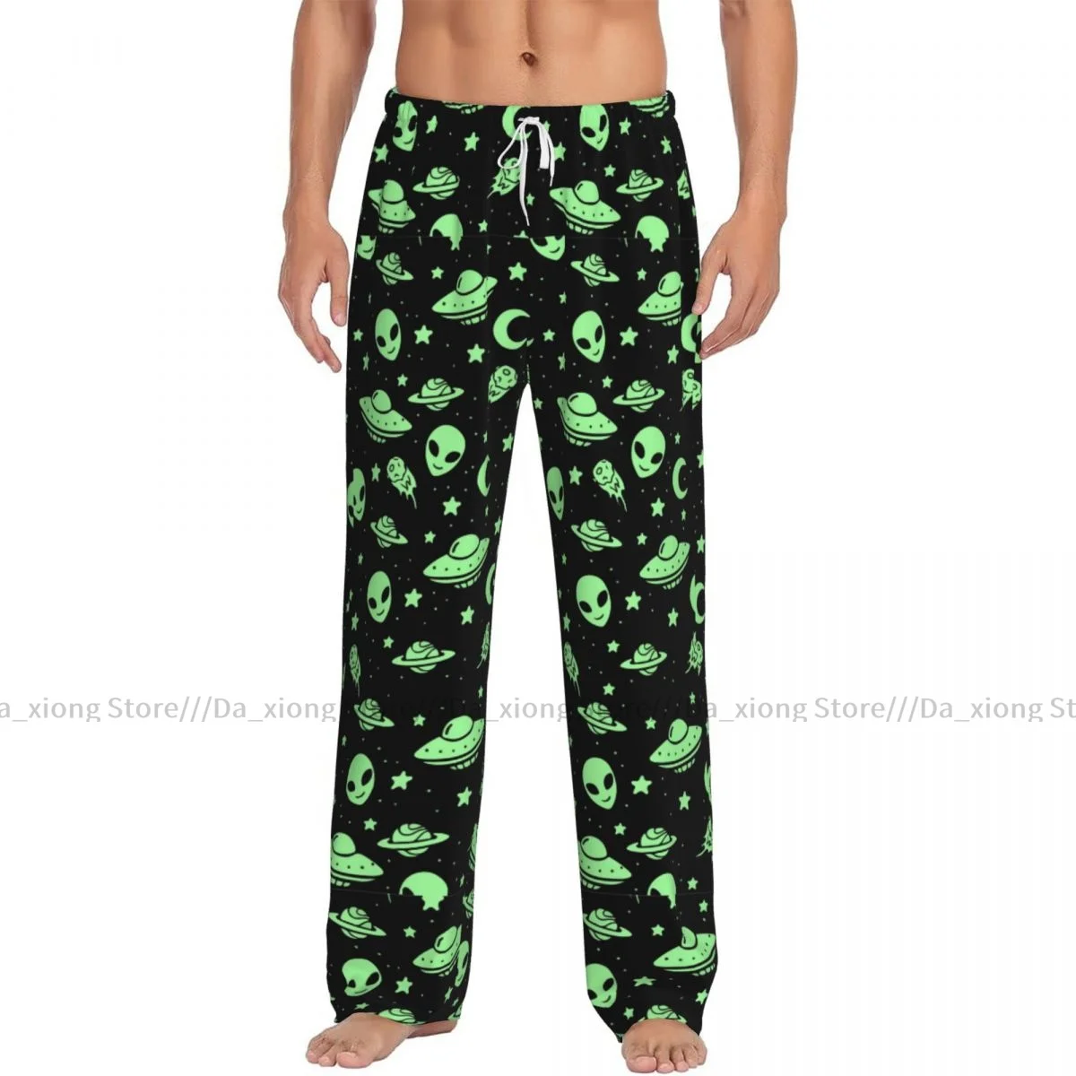 Green Alien UFO Moon Mens Pajamas Pyjamas Pants Lounge Pants Sleep Bottoms