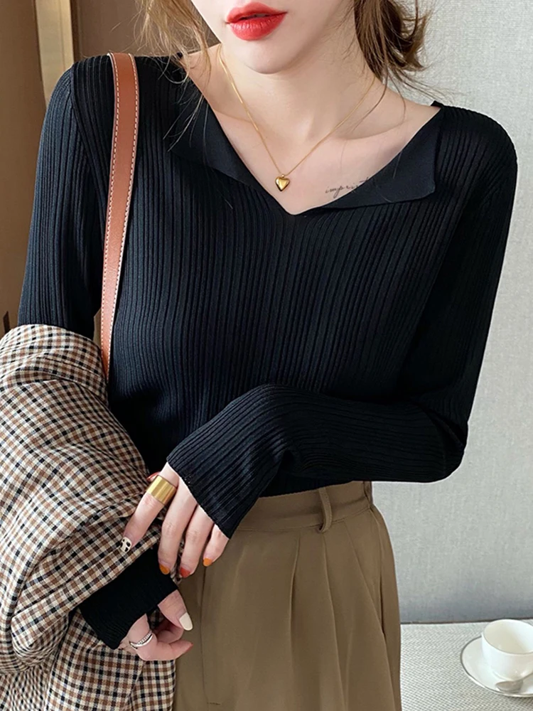 Women Ribbed Sweater Autumn Winter Knitted Pullovers Sexy Turn Down V-neck Solid Soft Knitwear Jumpers Sweaters Woman Tops 2024