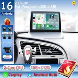 Android 16 Car Radio Multimedia Player For Peugeot 5008 3008 2009-2015 Auto Carplay Car Stereo DSP wifi+4G Ai voice BT 2 Din Gps