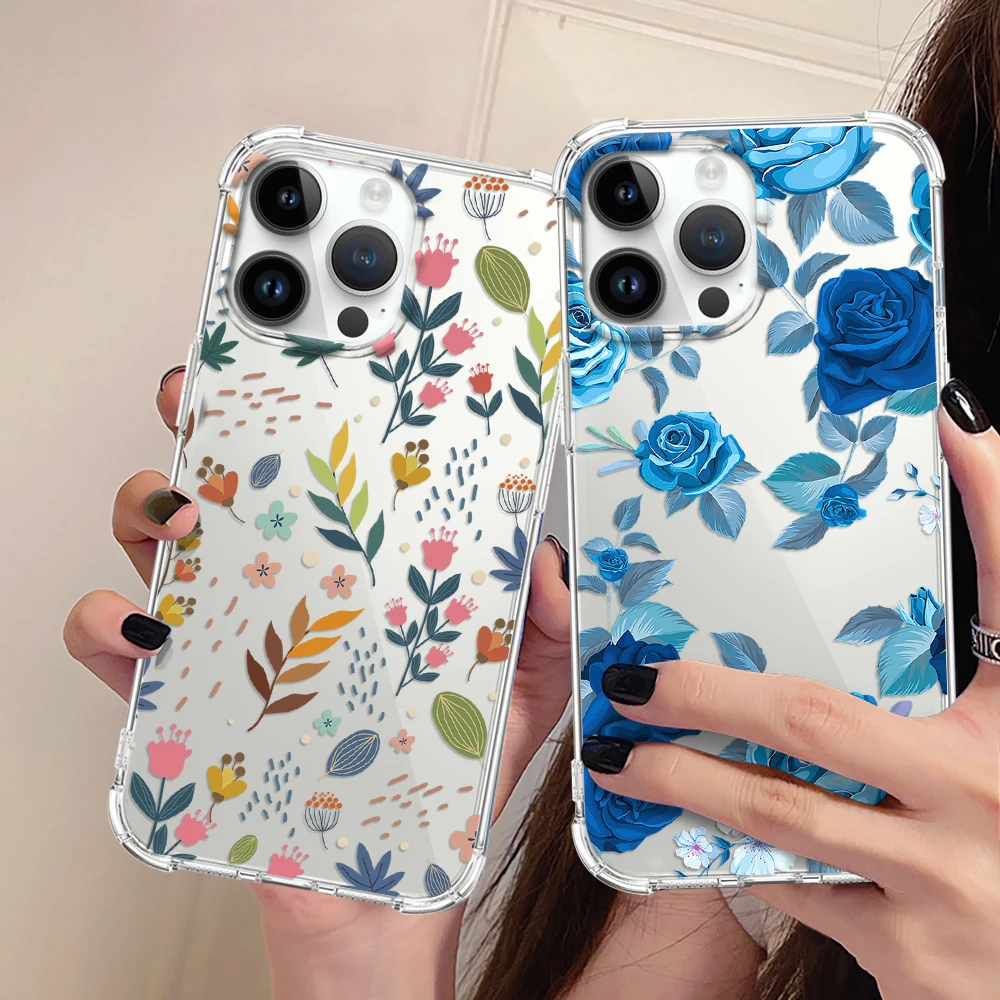 Blue Rose Phone Case for iPhone 14 13 Pro Max Mini XR XSMax 7 8 Plus SE Clear Cover for iPhone 12 11 Soft TPU Shockproof Capinha