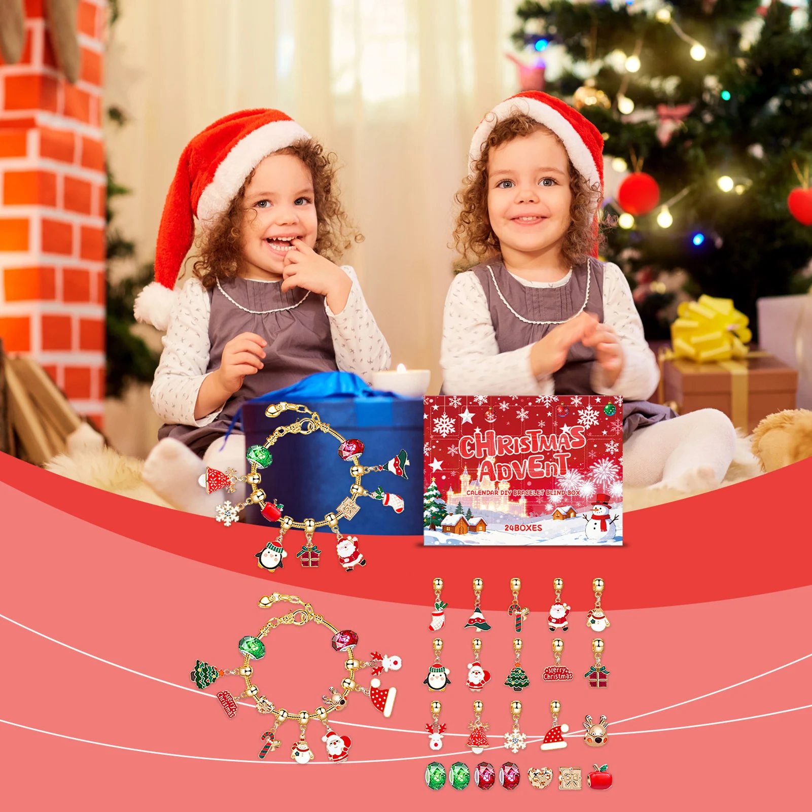 Creative Bracelet Kit DIY Christmas Advent Calendar for Kids Girls Holiday Gift Set Beads Charms Jewelry Making Craft Box