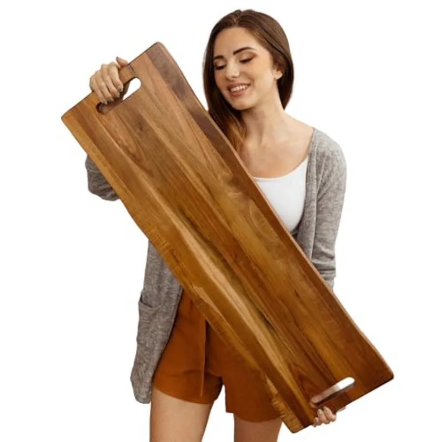 

Large Acacia Serving Board with Handles 36 x 12 Inch Rectangular Charcuterie Platter Natural Wood Server for Meat Cheese Board