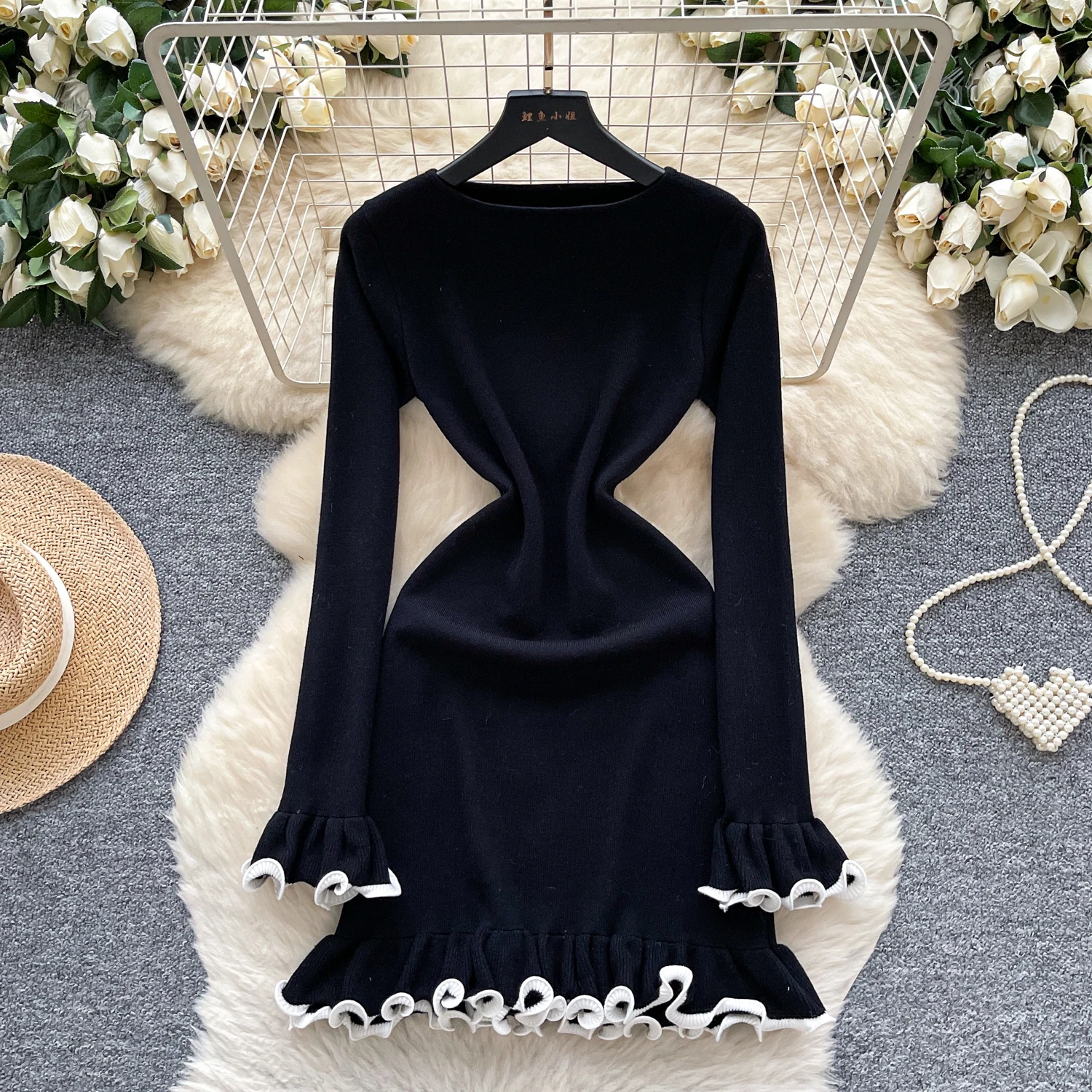 جديد الخريف المرأة س الرقبة مضيئة كم محبوك سترة فستان ضرب اللون المرقعة الكشكشة تقسم Bodycon سليم فستان حفلة صغيرة
