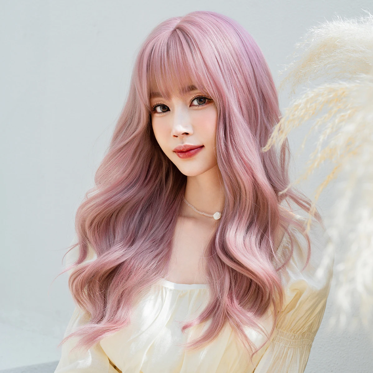 7JHH WIGS Long Wavy Pink Wigs for Women Daily Party Costume Synthetic Hair Wig with Bangs Halloween Costume Carnival Lolita Wig