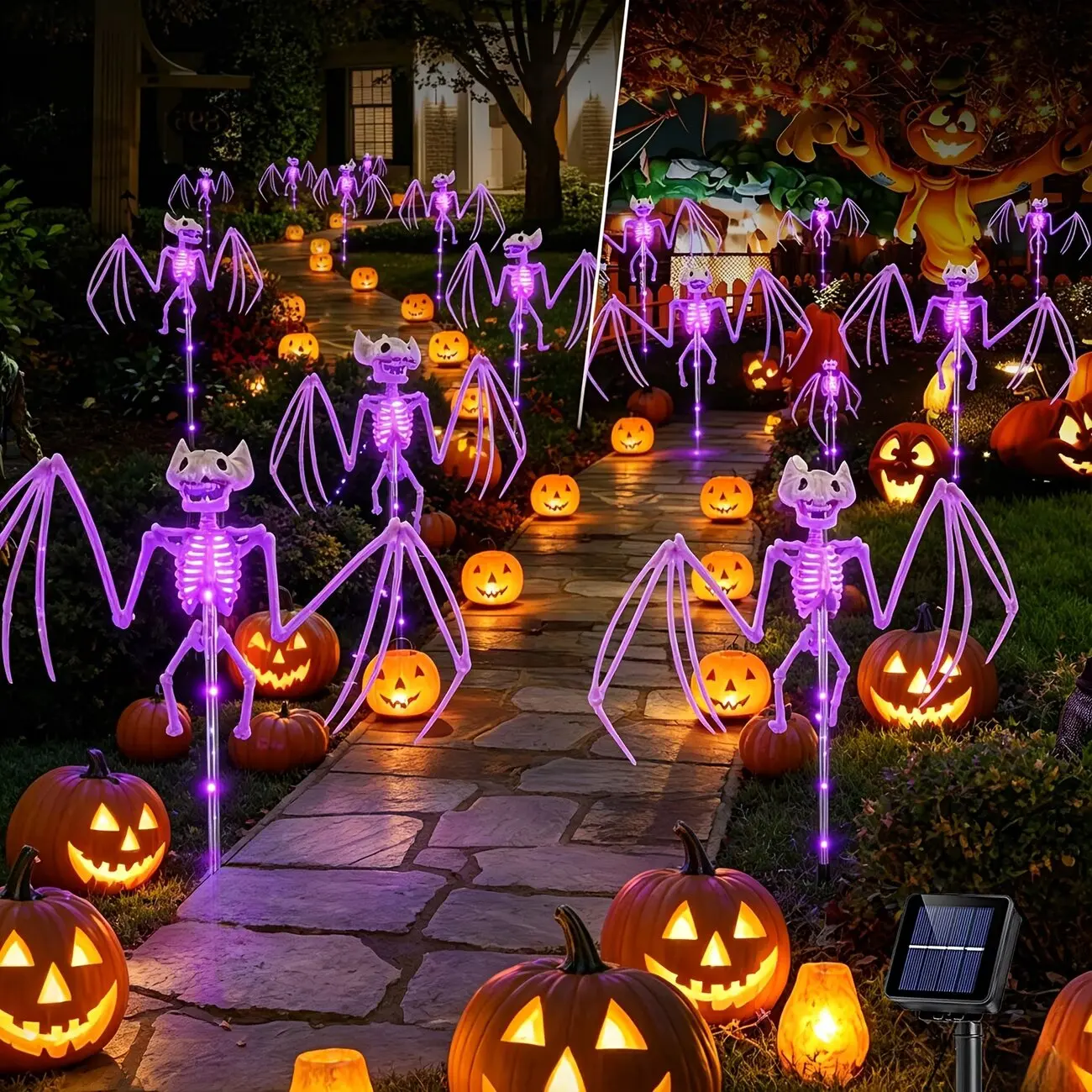 Halloween Decorations Outdoor Solar Garden Lights 2PC 3D Scary Bats Skeleton Waterproof Purple Orange LED Lights for Yard Party