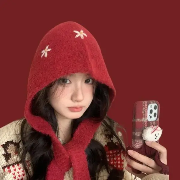 冬の花バラクラバスカーフニット帽子かわいい花耳保護ビーニーキャップ女性屋外スキースノーレースアップフード付きキャップ