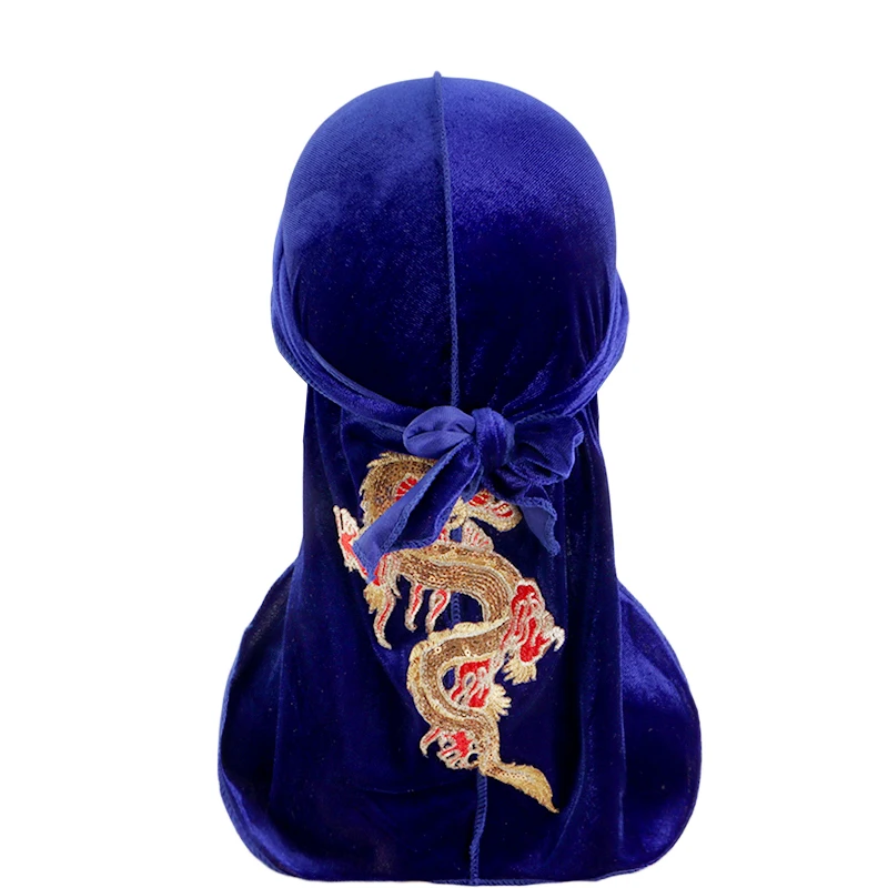 Unisex Men Women China Dragon Velvet Durag Bandana Turban Long Tail Headwrap Headband Pirate Hat Cap Hair Accessories Headwear