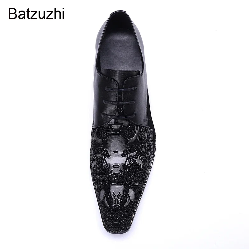 Batzuzhi scarpe eleganti in pelle da uomo in pelle di lusso Vintage scarpe a punta in metallo nero scarpe da lavoro in pelle uomo matrimonio, EU38-46