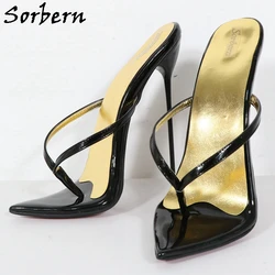 Sorbern 18cm Metal High Heel Sandals Flip Flop Ladies Slides Black Shiny Play Fun Shoes Size US11 Evening Night Club Party Heels