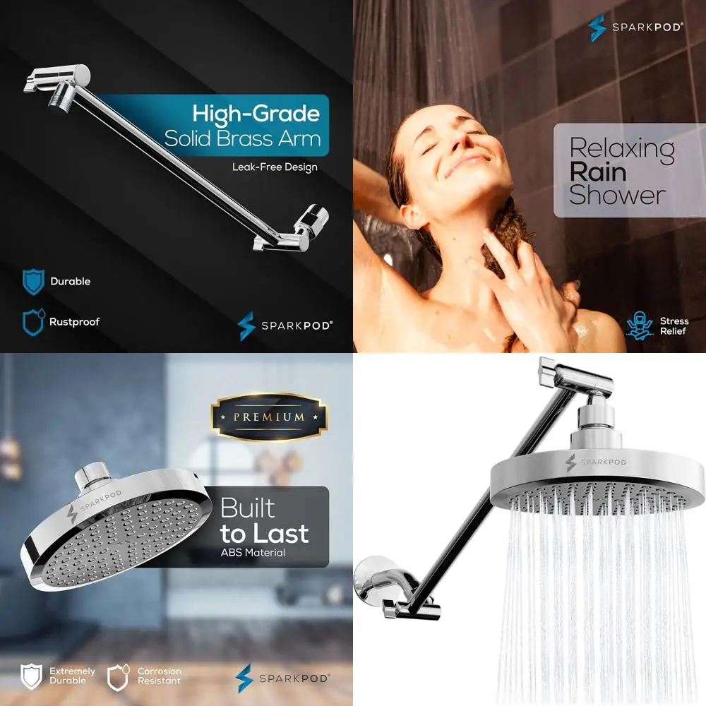 Luxury High-Pressure Rain Shower Head with 16 Extension Arm - Easy 1-Minute Tool-Free Installation - Modern Polished Chrome Fini