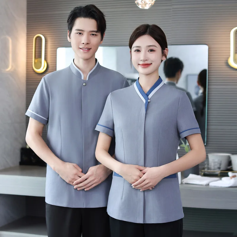 

Short-sleeved work uniforms for male and female hotel housekeeping staff Female floor attendant in hotel Property Sales Departme