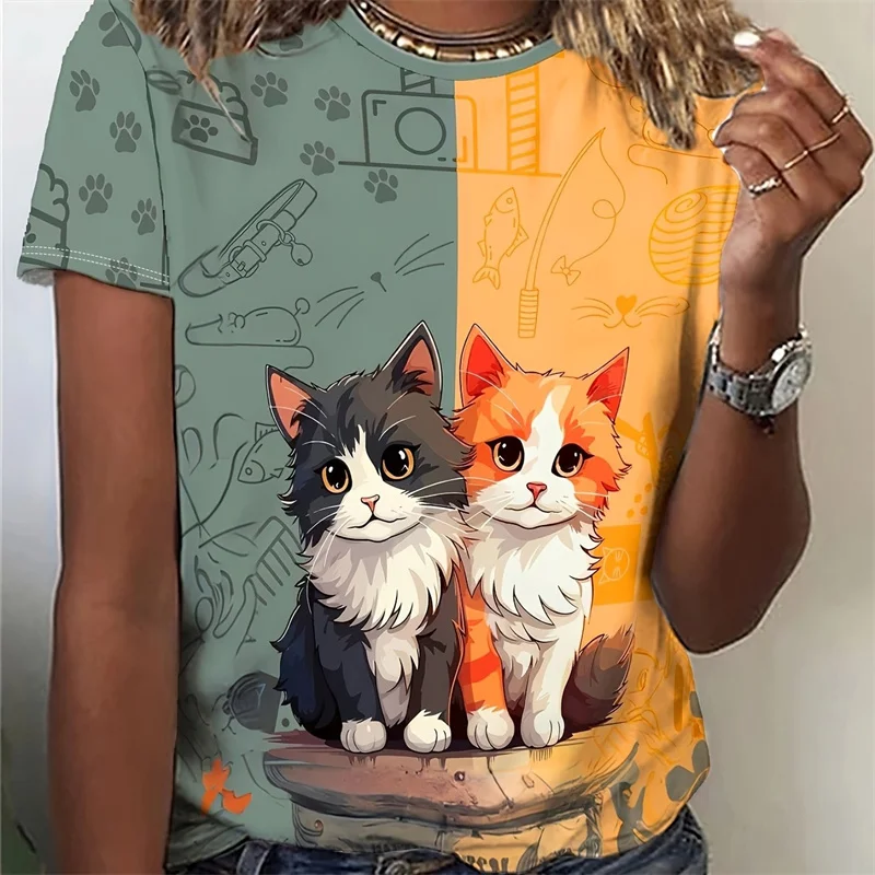 Cartoon Cat Women's T-shirt Cute Y2k Fashionable Simple Short Sleeved Casual O-neck Daily Work Commuting Oversized Women's Top