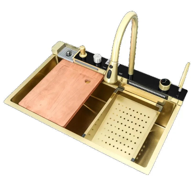 Best-selling Handmade Gold-plated Waterfall Faucet Multifunctional Stainless Steel Kitchen Sink