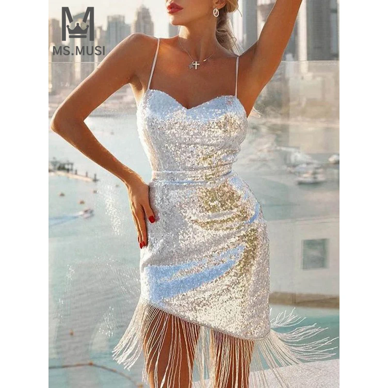 

MSMUSI 2024 New Fashion Women Sexy Silver Strap Sequins Tassels Sleeveless Backless Bodycon Party Club Event Slim Mini Dress