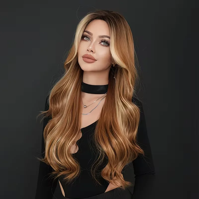 Yellow gradient highlights, middle-parted, large wavy long curly hair Caramel Gold Fluffy Water Wave Full Wig with Rose Net