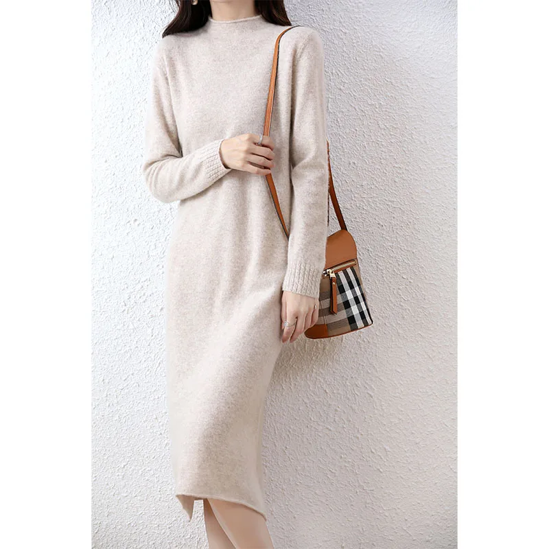 

Autumn and Winter New Women's Collar Cashmere Long Dress Loose Versatile Medium Long Knitted Wool Dress Knee Length Dress