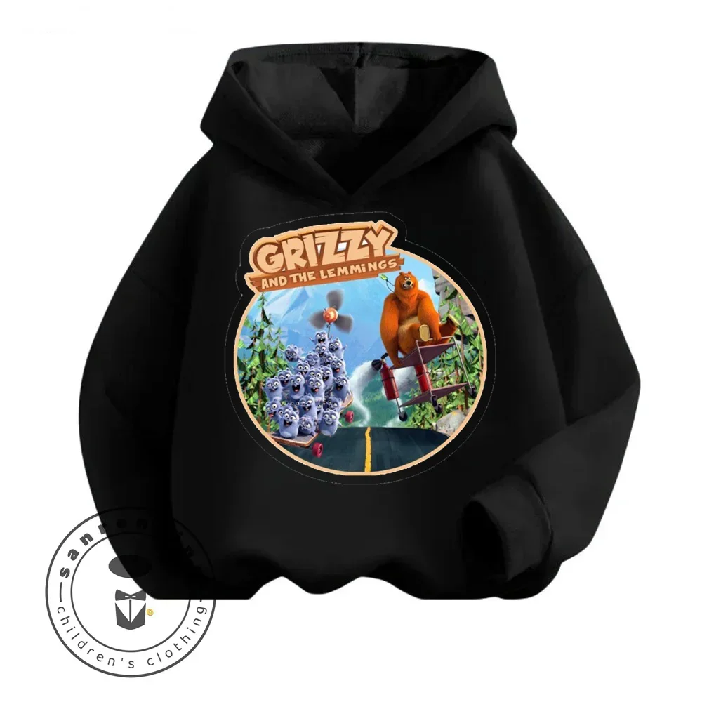 2024 Grizzy the Lemmings Cartoon Texture Flat Soft Comfortable Fabric Design Children's Spring Fall New Long Sleeved Hoodie