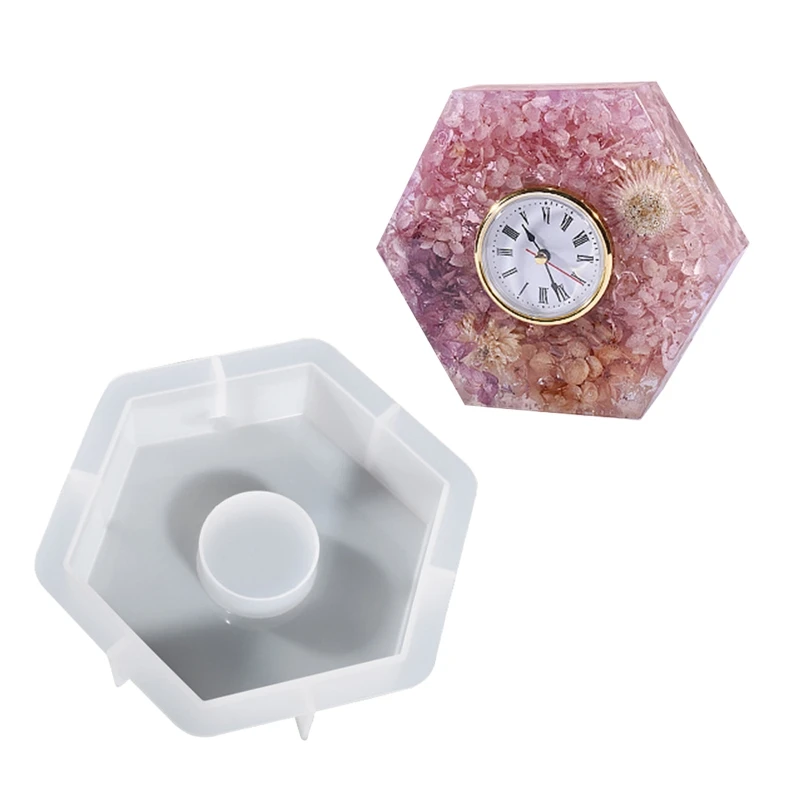 Vertical Table Clock Square Hexagonal Silicone Epoxy Mold Resin Casting Mold for Home Decoration Flowers Desktop Decor