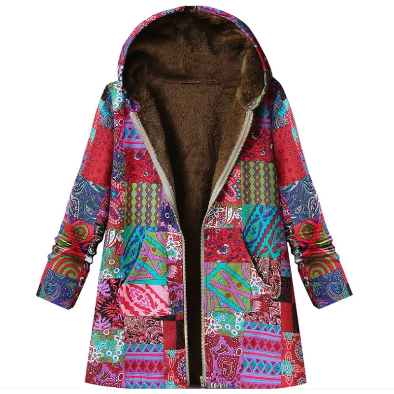 Autumn and Winter New Cotton and Hemp Coat Women\'s Vintage Warm Printing Pocket Thickened Zipper Hooded Coat Coat Coat