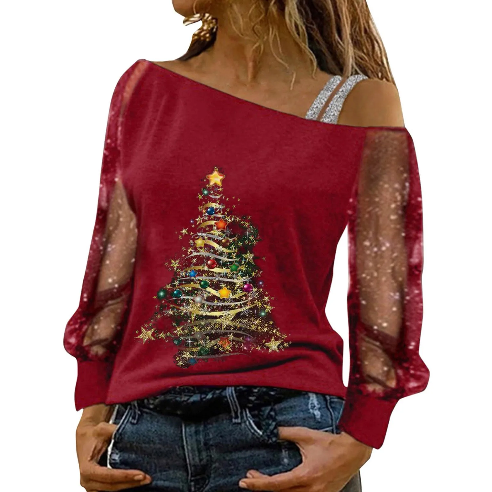 Workout Womens T Shirts Women Fashion Christmas Print Cold Shoulder T Shirt Mesh Long Sleeve Spliced Blouse Shirt Women Workout