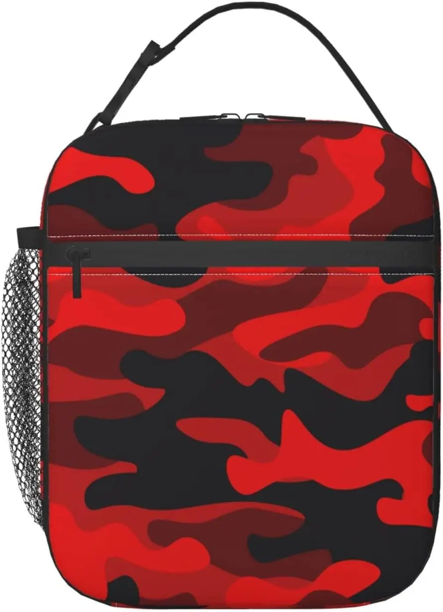 Lunch Box Military Camouflake Camo Red Black Insulated Bag Reusable with Side Pocket for Work School Picnic Hiking Daytrip Kids