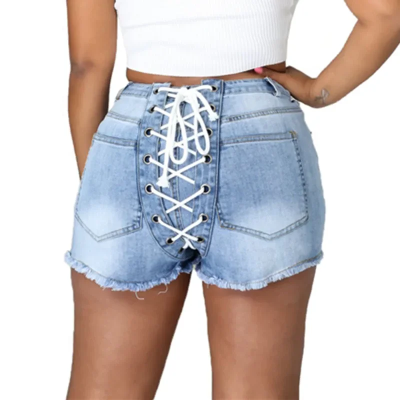 Summer Light Blue Denim Jeans Shorts with Lace Up Short Pants Women Back Ties Casual Cowboy Macaquinho Curto De Renda Streetwear