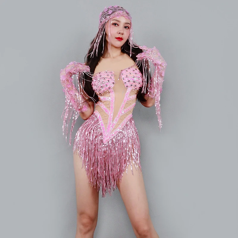Sexy Roze Fringe Bodysuit Gogo Dans Kleding Nachtclub Bar Dancewear Zanger Showgirl Prestaties Outfit Party Rave Kleding yk