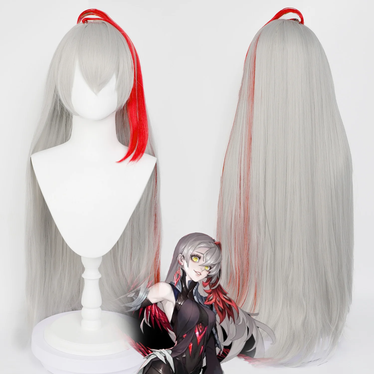 30インチ コスプレウィッグ オナー・オブ・キングス イン・ダーク・フェザー グレーレッドグラデーション 耐熱ロングストレート合成毛 女性用