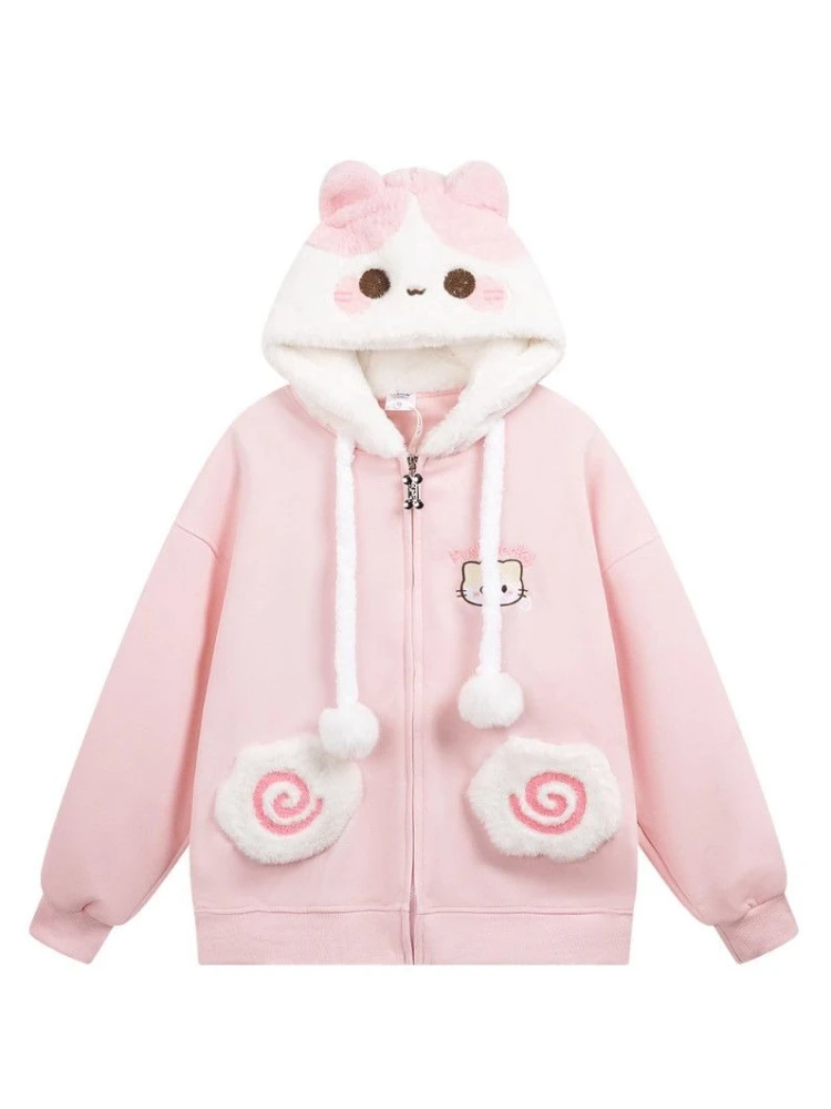 Japanese Kawaii Autumn Hoodies Long Sleeve Pretty Sweet Cartoon Embroidery Coats Harajuku Lovely Loose Lint Sweatshirts 2025 New