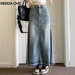 REDDACHiC Y2k Raw Edge Stitch Maxi Denim Skirt Plain Casual High Waist Long Jeans Skirt Korean Dongdaemun Retro Women Streetwear