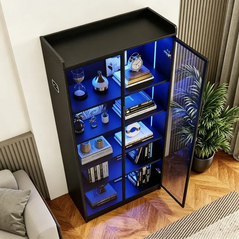 Dystler 65" Tall 5 Tier Display Cabinet with Doors Adjustable Shelves LED Light Bookcase Human Body Sensor Storage Cabinet