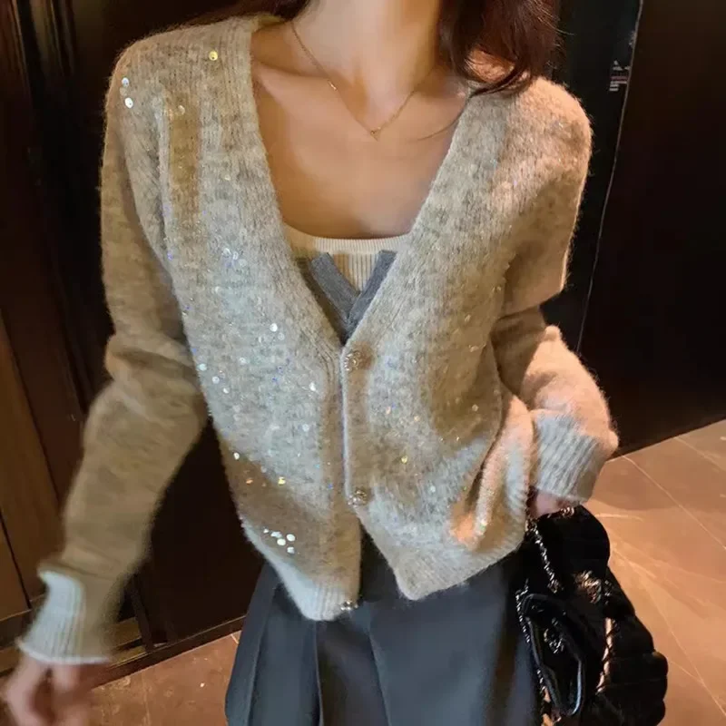 OCEANLOVE Women Sweaters Sequins V Neck Autumn Winter Solid Cardigans Korean Fashion Sparkling Casual Sweet Sueter De Mujer