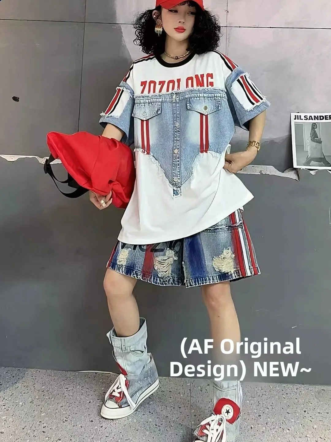 

Casual Denim Patchwork T-Shirt Women Summer New Style Button Design Letter Print round Neck Short Sleeve Top Trendy Streetwear