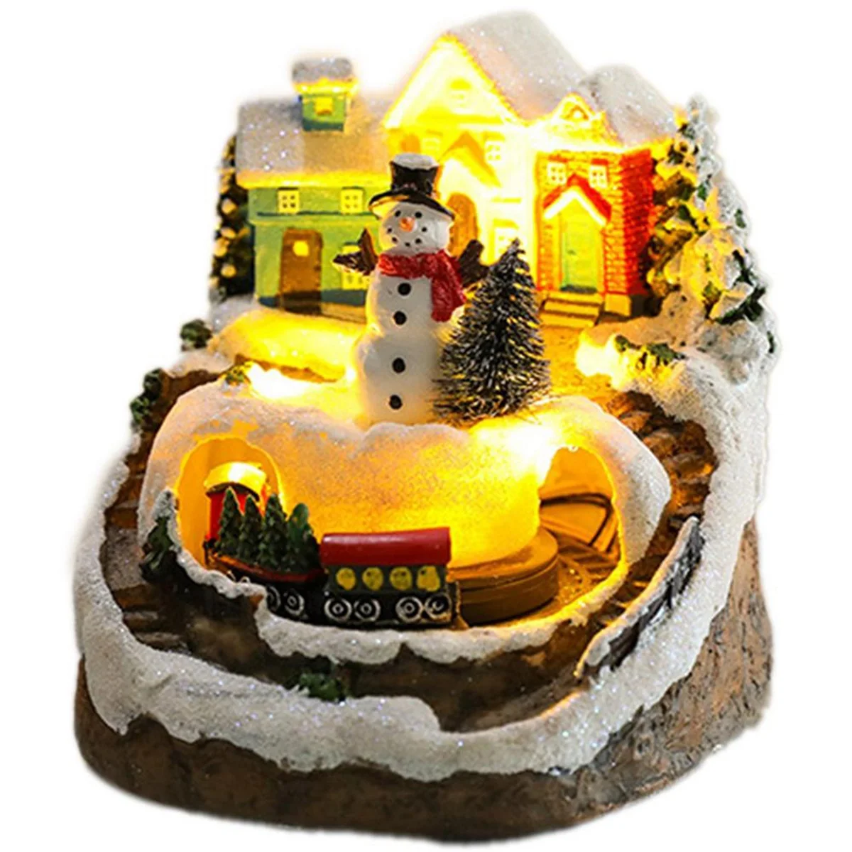 Christmas Village Houses Sets Rotating Train Display Figurines LED Light Up Musical Christmas Holiday Decoration Snowman