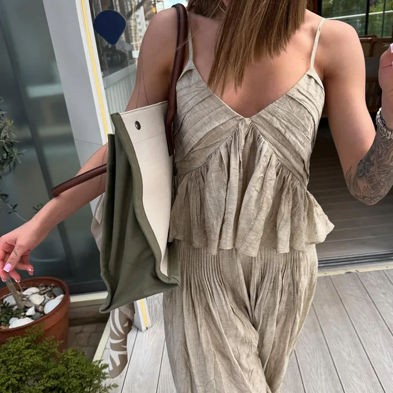 Women's clothing 2025 summer new style temperament V-neck pleated short suspender top wide leg pants set