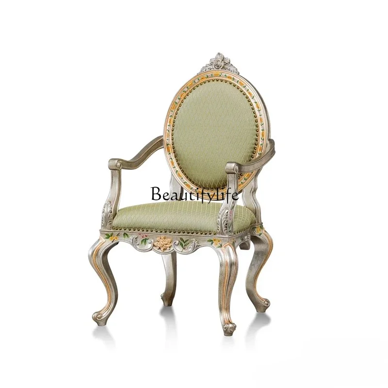 z.French art villa carved single chair antique silver foil bottom painted flower leisure armchair