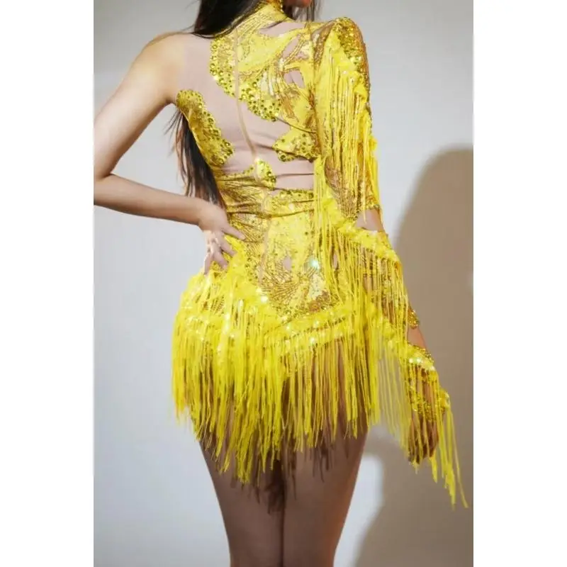 39BD Quasten Skinny Leotard Raves Festival Outfits Latin Dance Kostüm Fransen Bodysuit – Detail 4