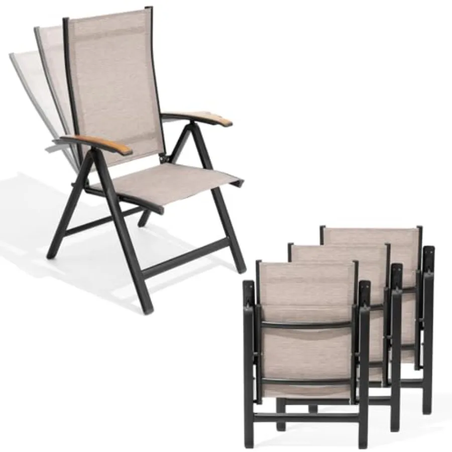 Folding Patio Chairs Set of 4, 8-Level Adjustable Outdoor Recliner Chairs with Teak Armrest Aluminium Frame for Pool, Backyard,
