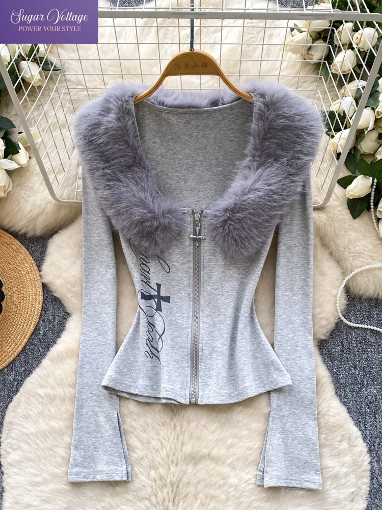 

American Retro Punk Chic Hoodie Women Zipper Long Sleeve Faux Fur Collar Embroidery Slim Knit Tops Autumn Winter Fashion Coats